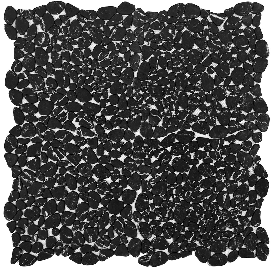Serene Pebble Series Black With White Vein Semi-Matte Irregular Round Shape Artificial Pebble Stone Mosaic