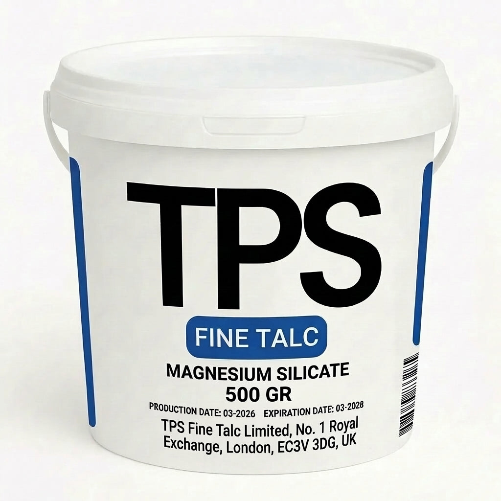 White bucket labeled 'TPS Fine Talc' on a white background Talc Powder 500 Gr