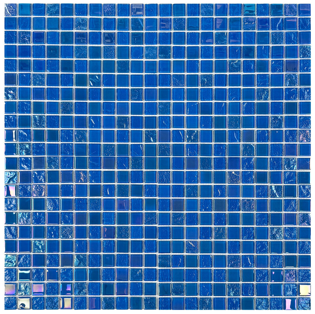 Lustre Flow French Blue & Oriental Blue Iridescent Mixed Wave Pattern Crystal Glass Mosaic