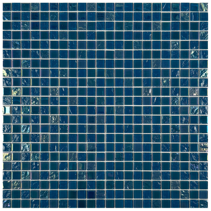 Lustre Flow Pine Green & Sapphire Blue Iridescent Mixed Wave Pattern Crystal Glass Mosaic