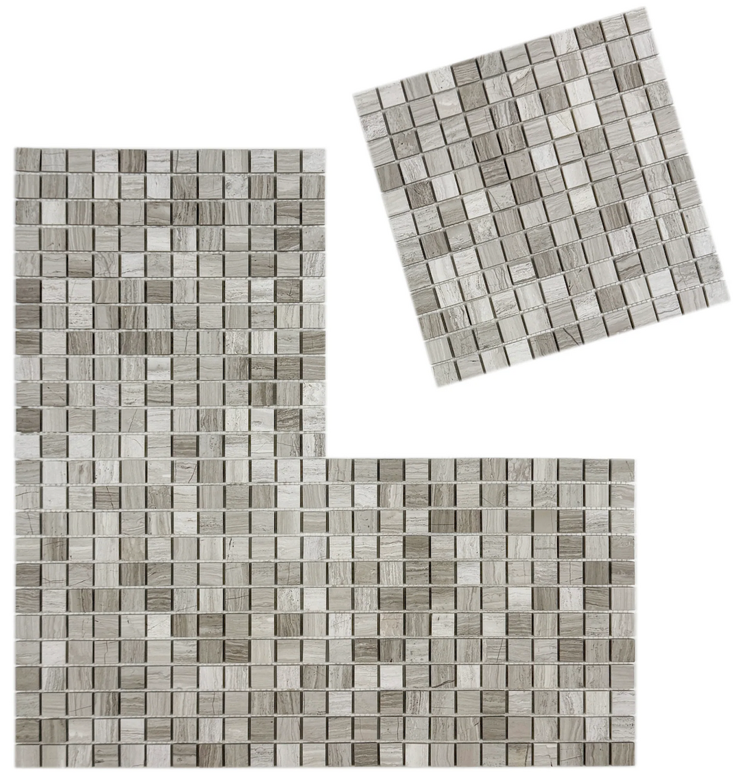 Three rectangular tiles with a mosaic pattern on a white background