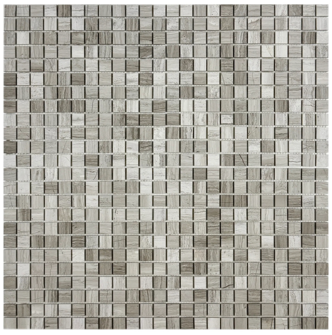 Mosaic tile pattern with small square tiles in various shades of gray.