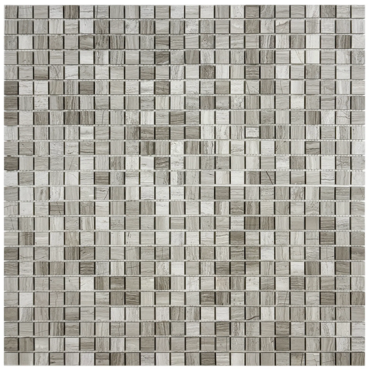 Mosaic tile pattern with small square tiles in various shades of gray.