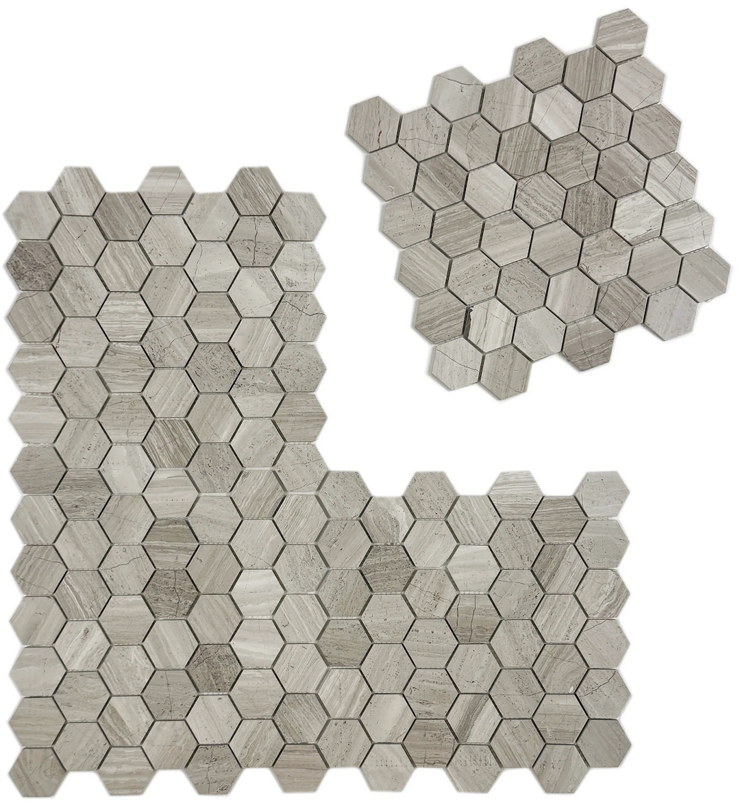Hexagonal mosaic tiles in a neutral color on a white background, Grey Marble Mosaic Tile