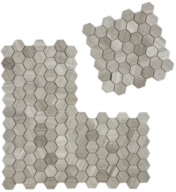 Hexagonal mosaic tiles in a neutral color on a white background, Grey Marble Mosaic Tile