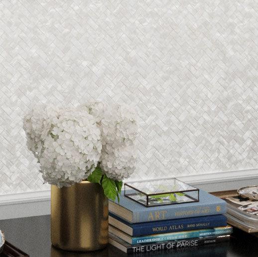 White Mother of Pearl Herringbone Mosaic Tile