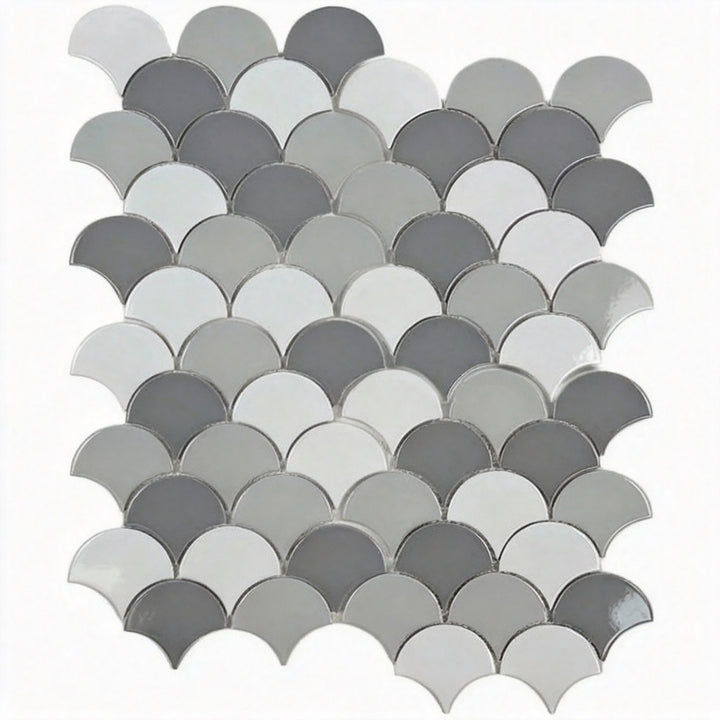 Vicenza Grace Series White & Light Grey & Dark Grey Mixed Fan Shape Porcelain Mosaic