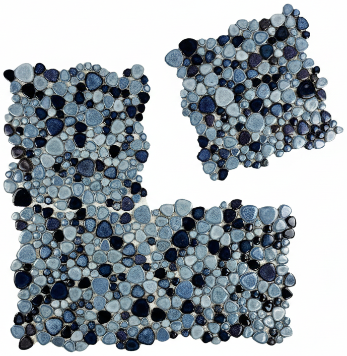 Letter 'E' made of blue and black pebbles on a white background