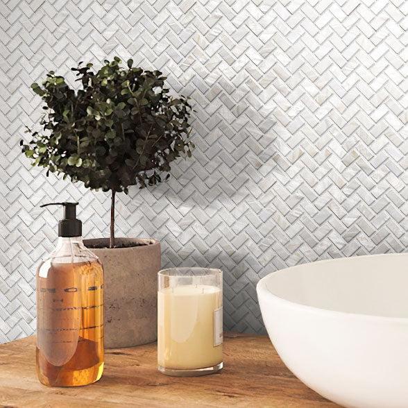 White Mother of Pearl Herringbone Mosaic Tile