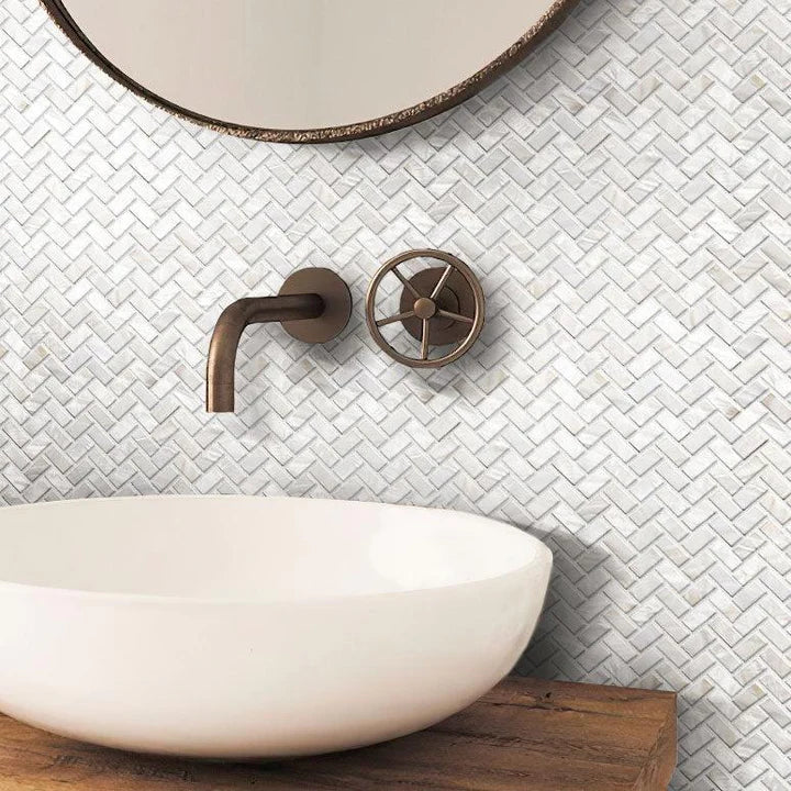 White Mother of Pearl Herringbone Mosaic Tile