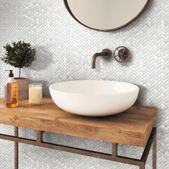White Mother of Pearl Herringbone Mosaic Tile