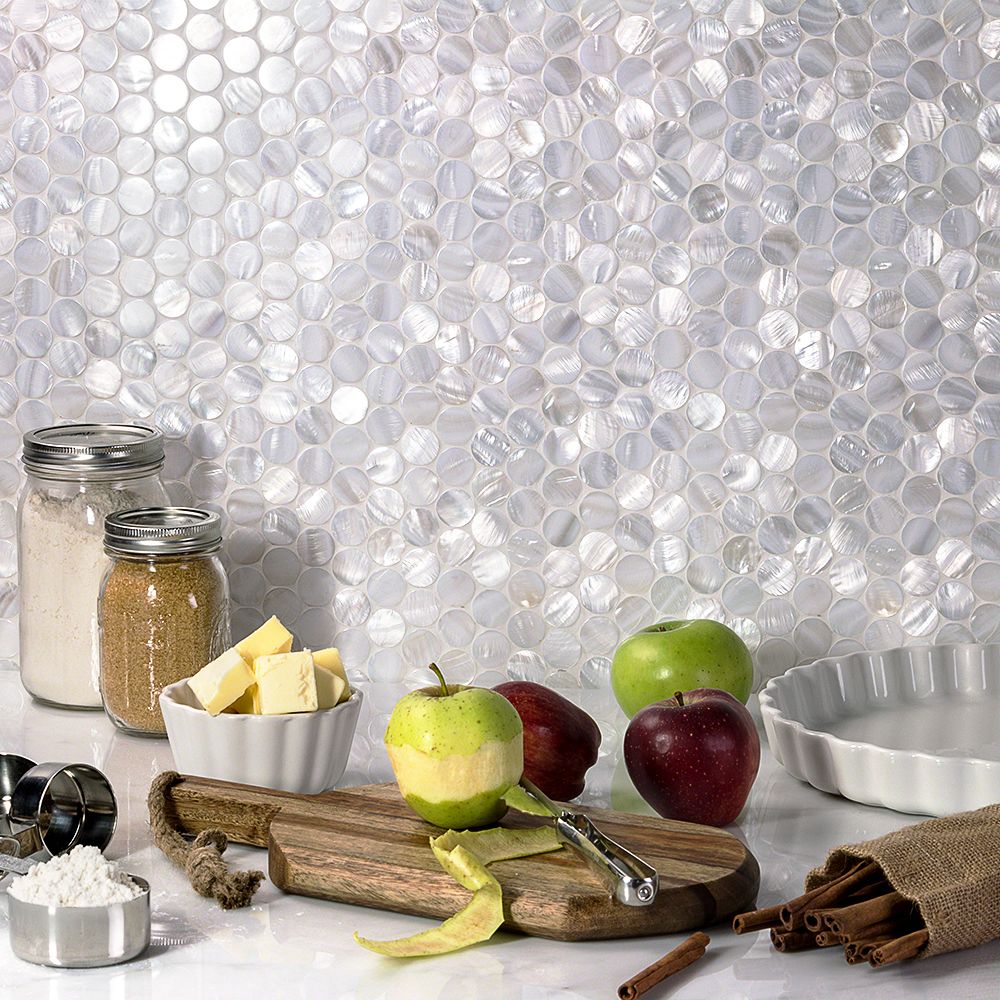 Oyster White Pearl Penny Round Polished Mosaic Tile