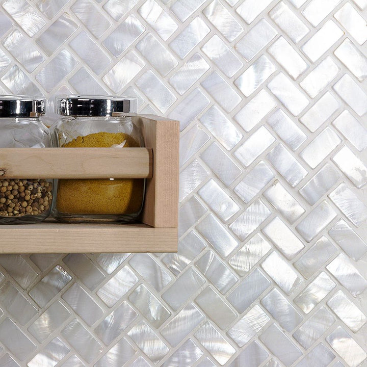 Mother of Pearl Oyster Herringbone Shell Mosaic Tile
